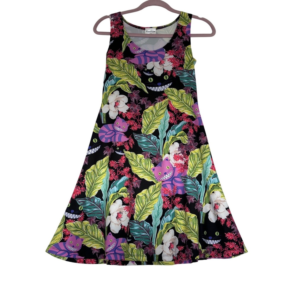 CowCow Cheshire Cat Tropical Floral Skater Dress M Alice in Wonderland Whimsy